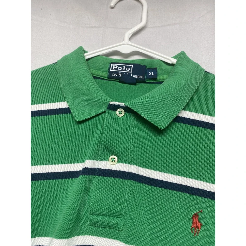 Polo Ralph Lauren Polo Shirt Mens XL Green Striped Hi Low Hem Side Slit Golf